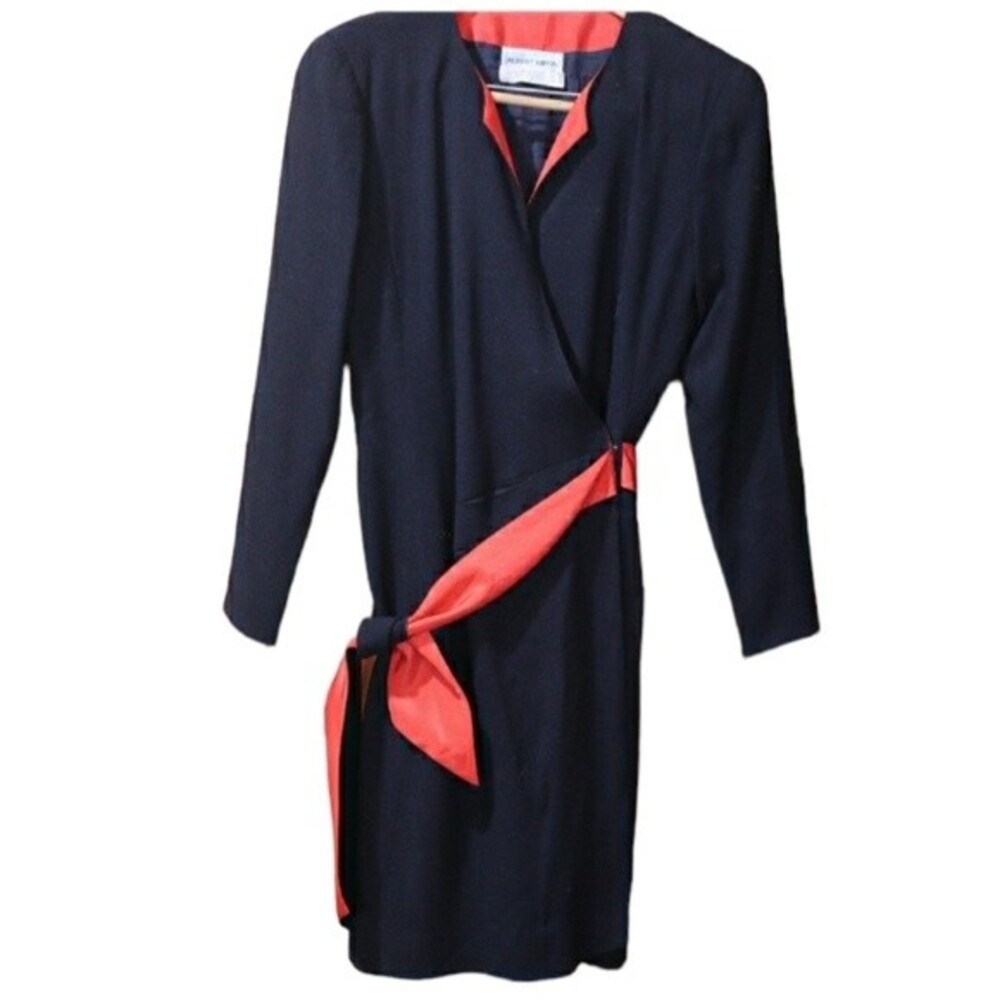 I.Magine Albert Nipon Black & Red Wrap Dress Midi Vintage 90s Tie Contrast LG